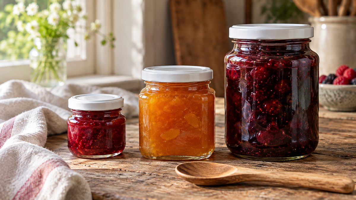 Três potes de vidro com geleia, de tamanhos diferentes, lado a lado sobre uma mesa de madeira, com uma colher de pau à frente