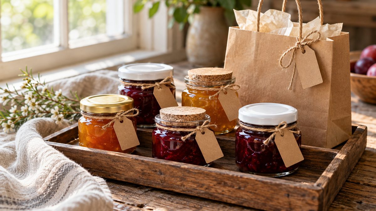 Cinco mini potes de vidro com geleia vermelha e dourada, tampas brancas, douradas e de cortiça, com etiquetas de papel kraft amarradas com barbante, numa bandeja de madeira ao lado de uma sacolinha de papel