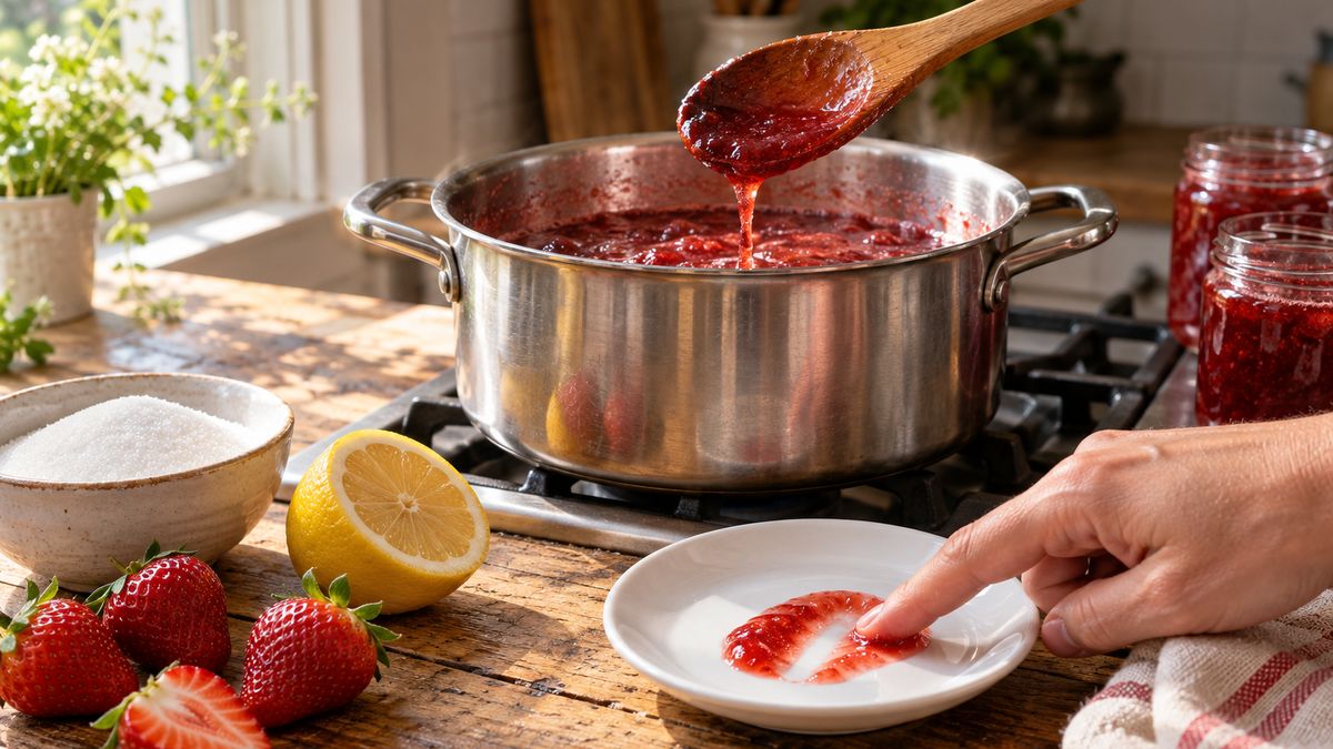 Panela com geleia de morango cozinhando e colher de pau com geleia escorrendo, ao lado de um pires com um pingo de geleia para testar o ponto, com limão e morangos