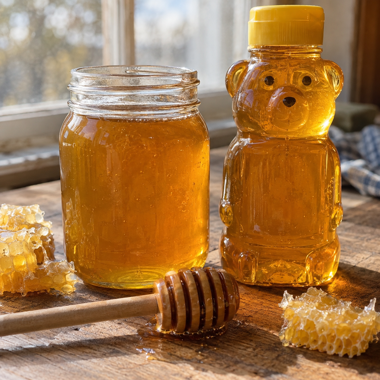 Pote de vidro com mel ao lado de uma bisnaga plástica em formato de urso com mel, em cima de uma mesa de madeira com favo de mel e um mexedor de madeira